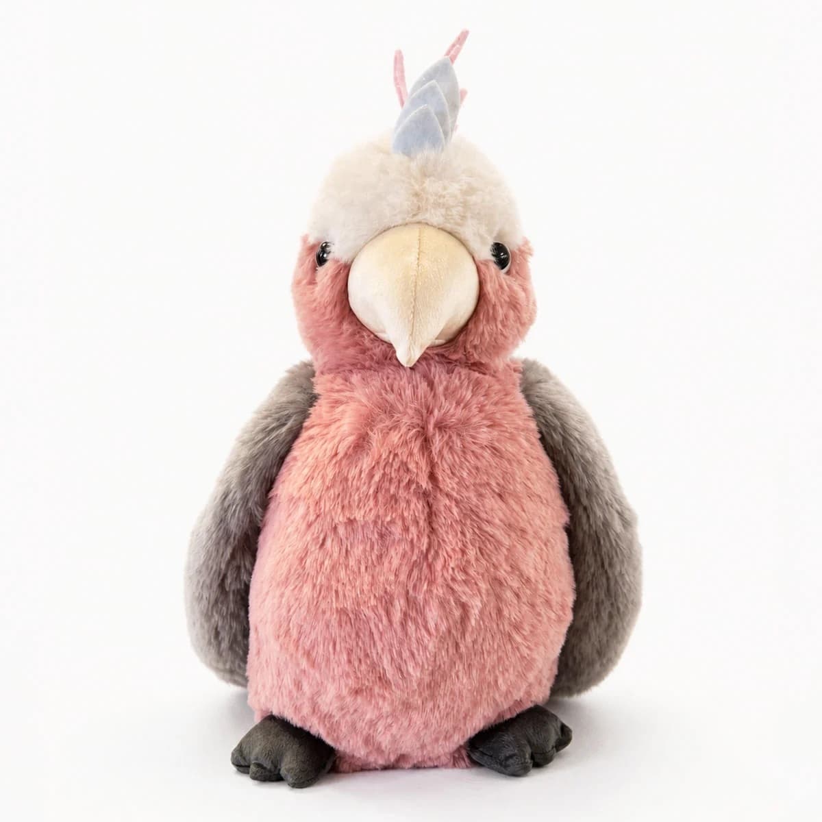 Pink and grey galah plush toy with a soft crest